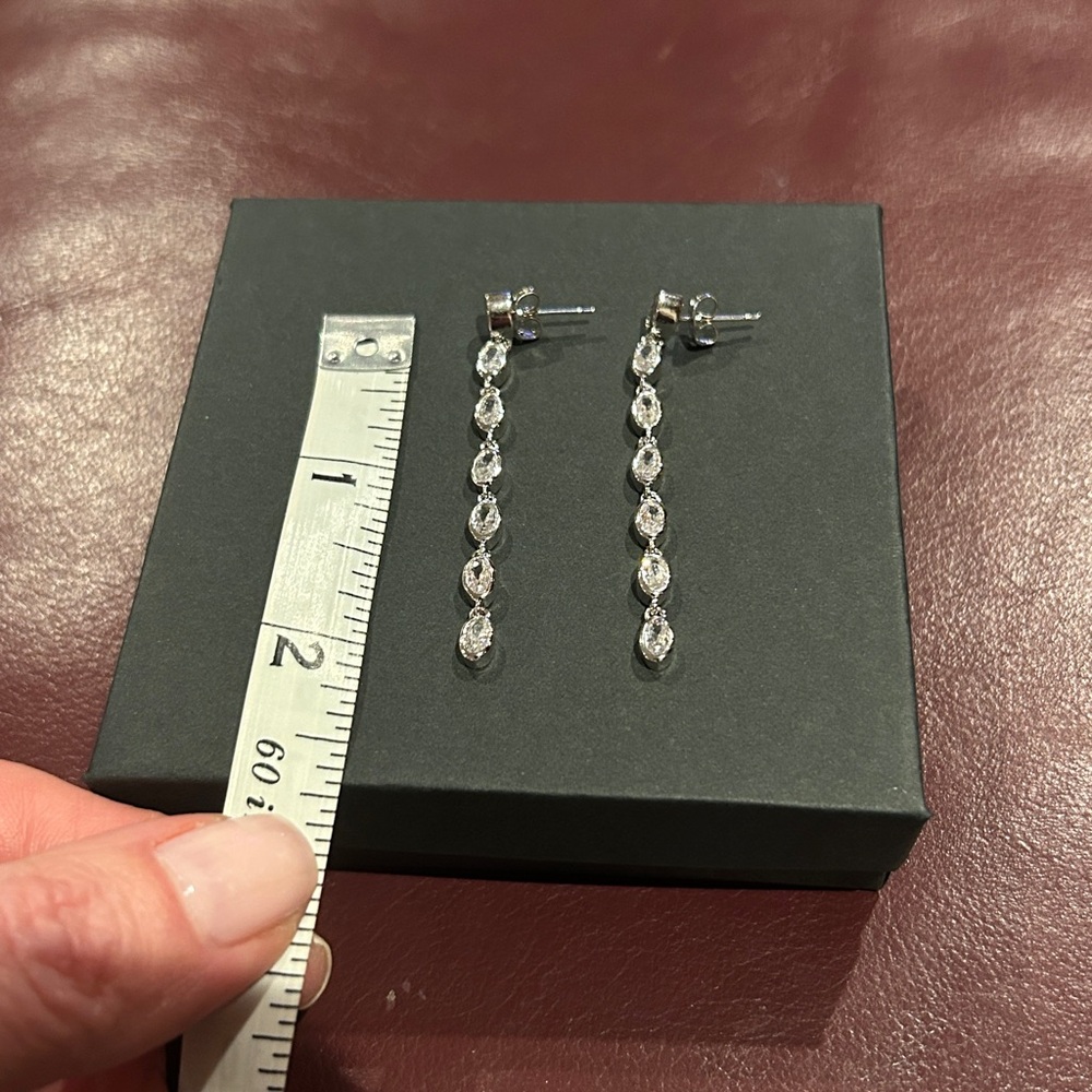 NWT Elegant CZ Silver Linear Bezel Set 2 Inch Teardrop “Tennis” Style Earrings - Picture 5 of 6